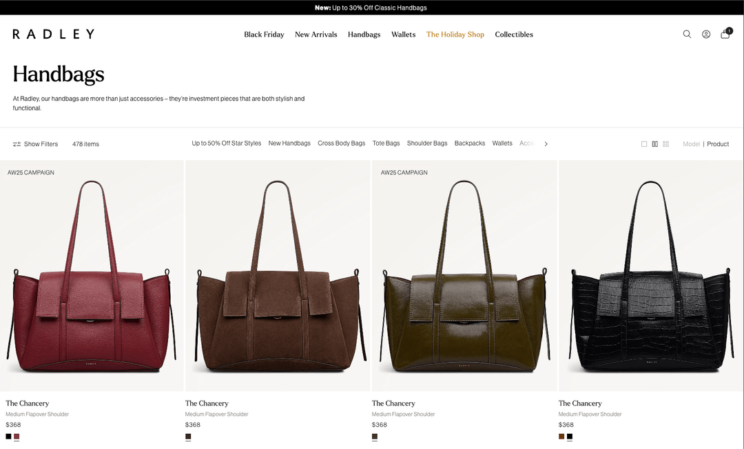Radley London handbags collection page showing four products